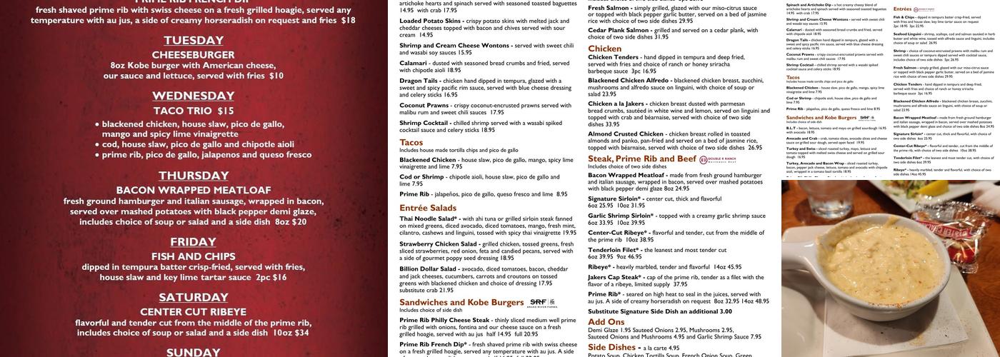 Jakers Bar and Grill Menu