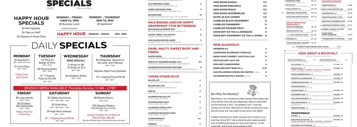 Rox Bar & Grille Menu