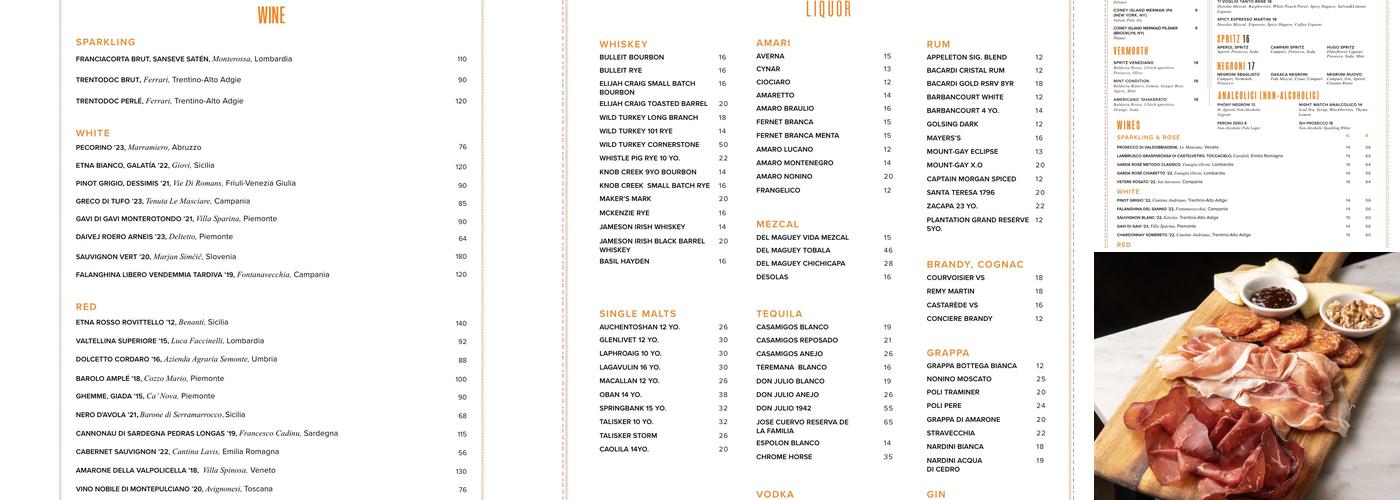 Tarallucci e Vino NoMad Menu