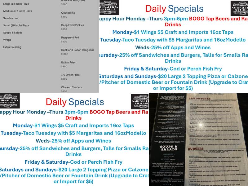 National Pizza Pub and Grille Menu