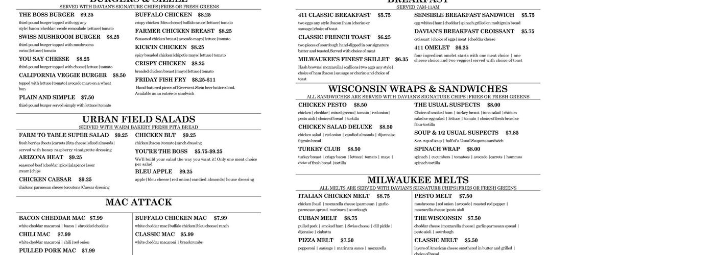 Davians at 411 Cafe Menu