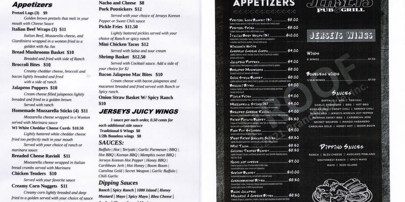Jerseys Pub & Grill Menu