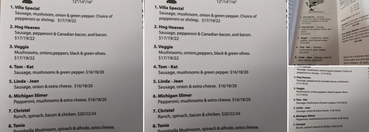 Pizza Villa Menu