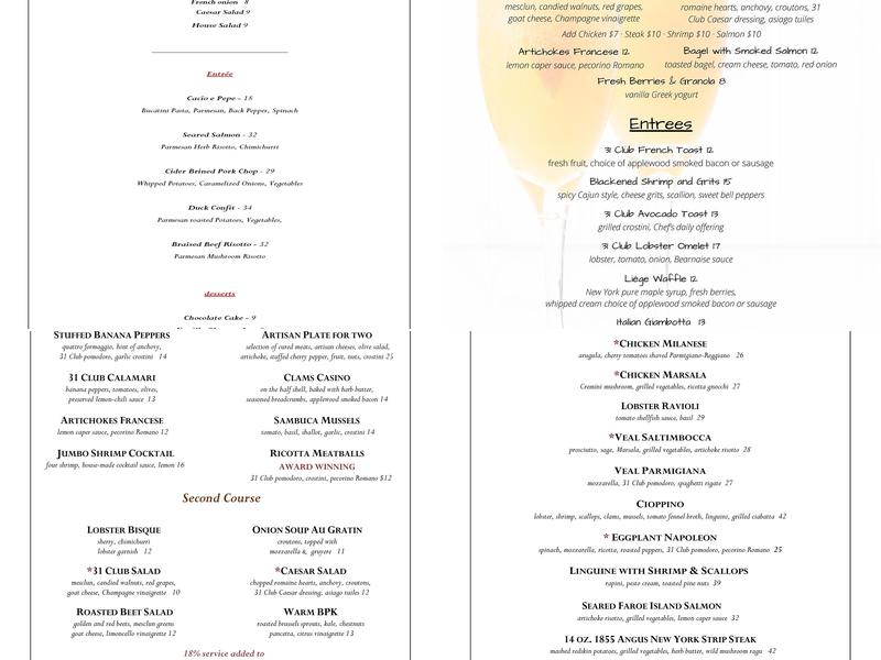 Oscar's 31 Club Menu