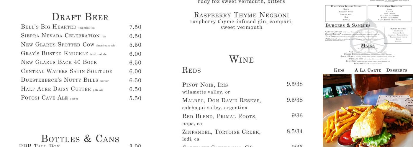 The Grist Bar and Table Menu