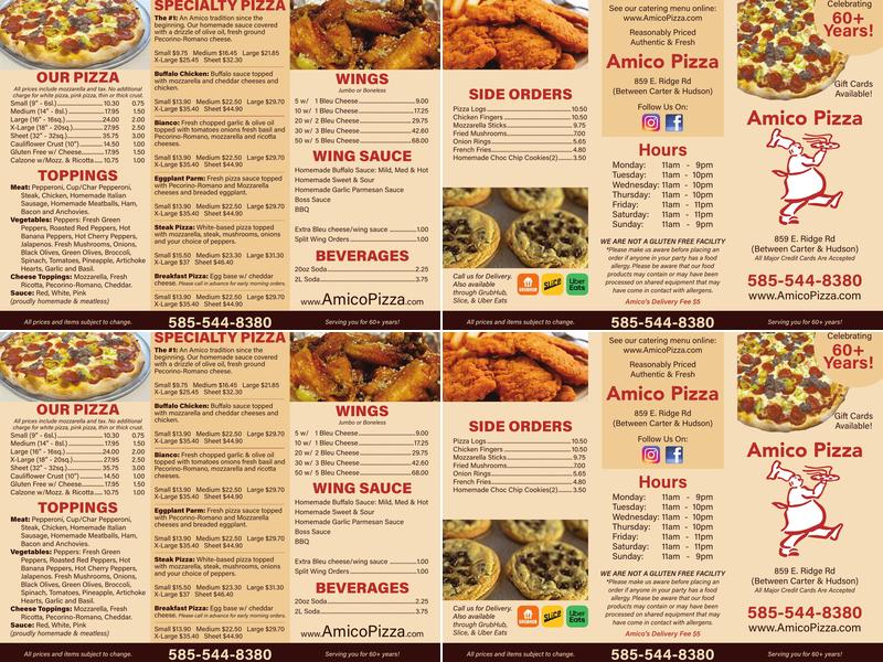 Amico's Pizza Menu