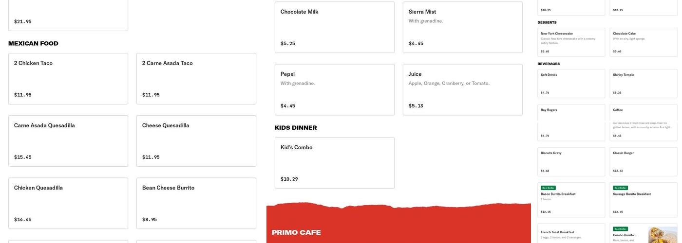 Primo Cafe Menu