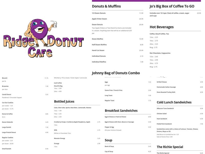 Ridge Donut Cafe Menu