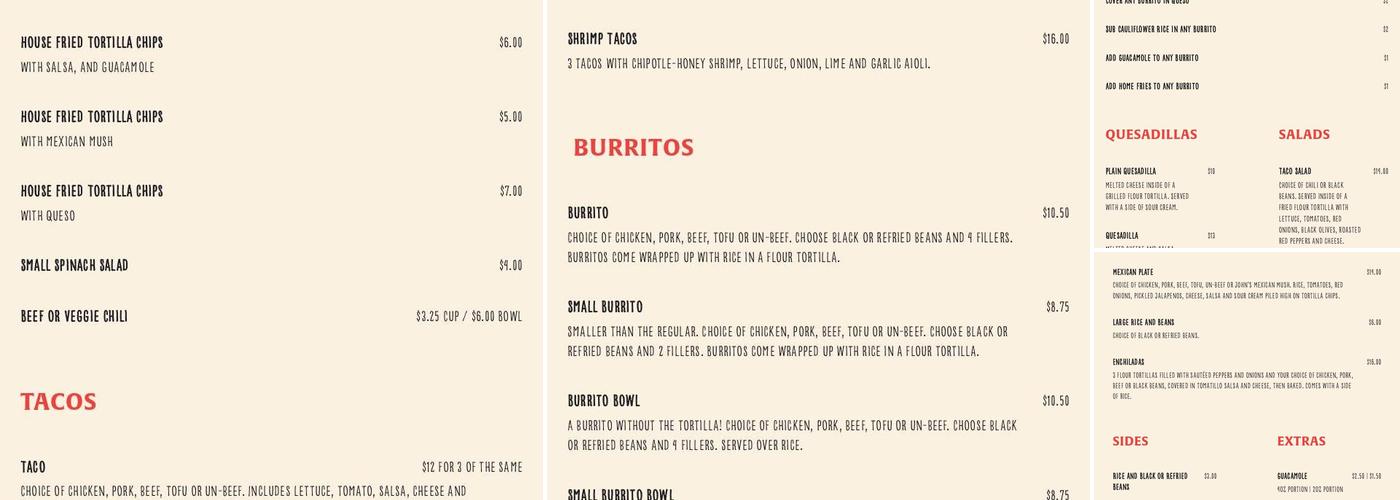 John's Tex Mex Menu