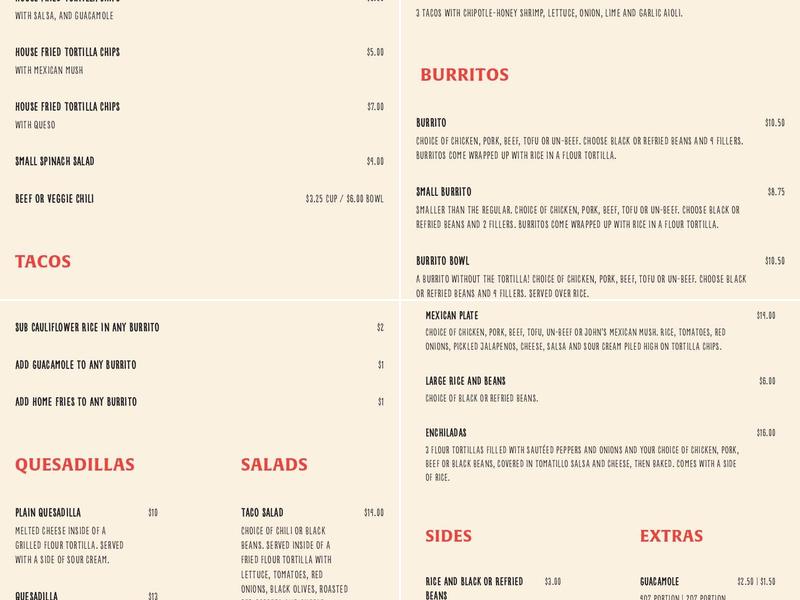 John's Tex Mex Menu