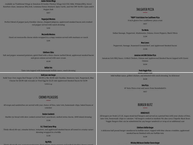 Sideliners Pub and Grill Menu