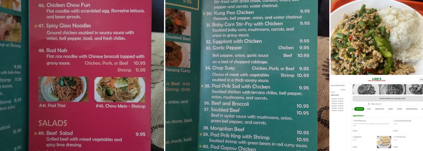 Like's Thai and Chinese Food Takeout Menu
