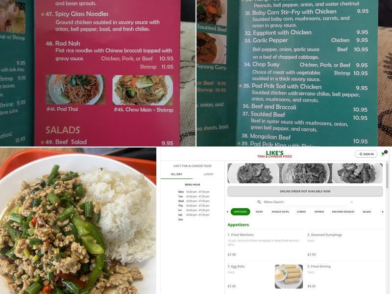Like's Thai and Chinese Food Takeout Menu
