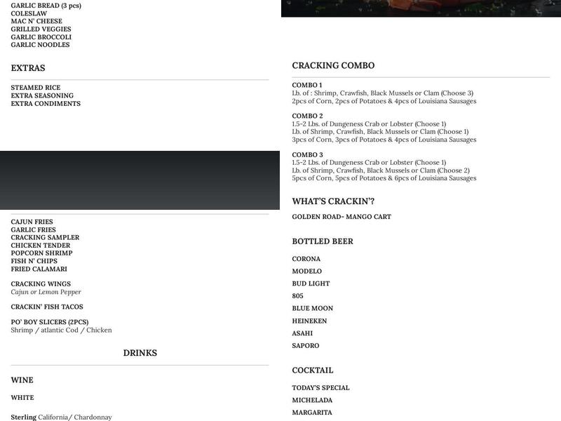 CRACKING CRAB Menu