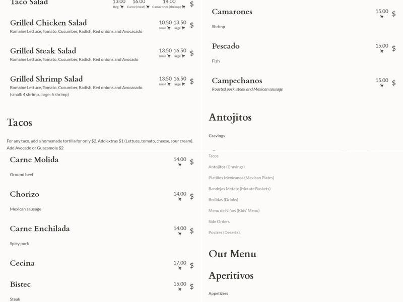 Metate #2 Menu