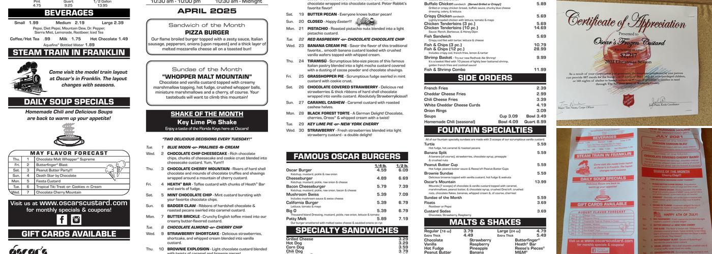 Oscar's Frozen Custard | Waukesha Menu