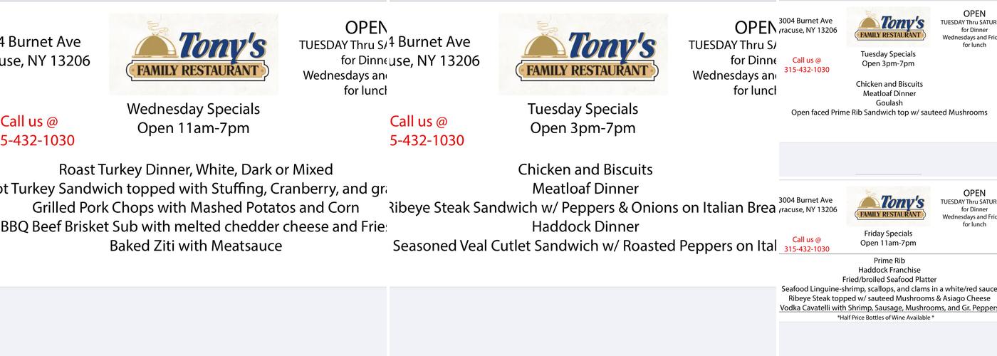 Tony's Family Restaurant Menu