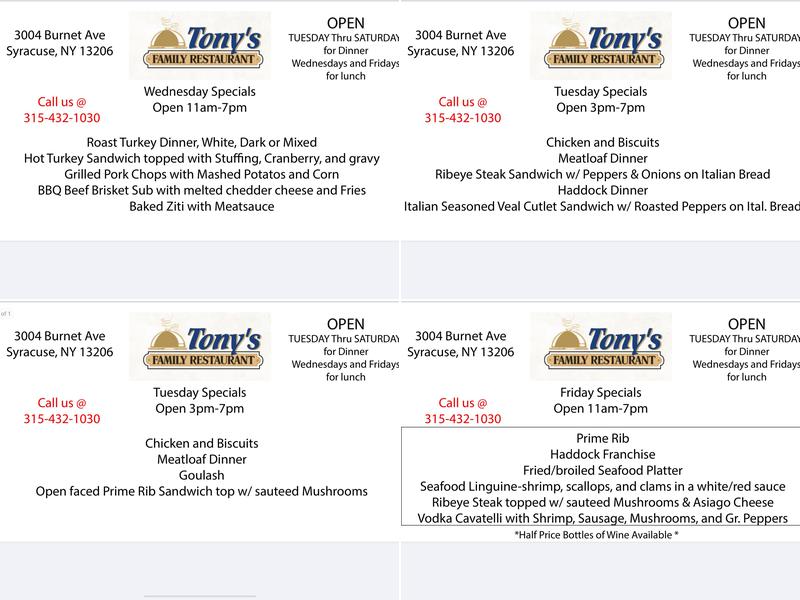 Tony's Family Restaurant Menu