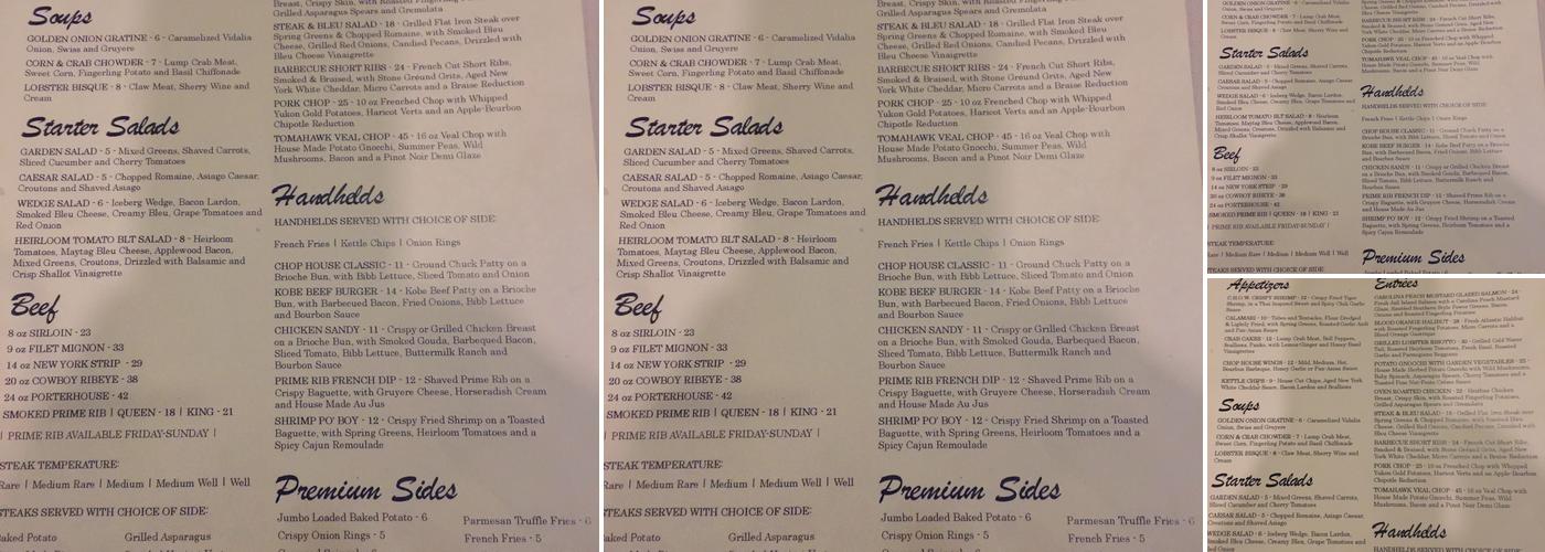 The Chop House On Waring Menu