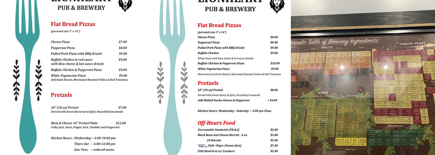 Lionheart Pub and Brewery Menu