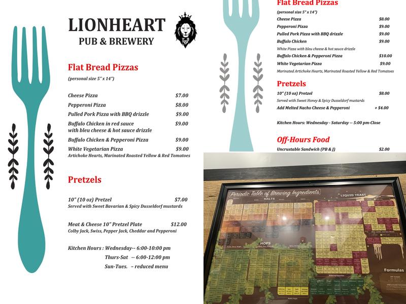 Lionheart Pub and Brewery Menu