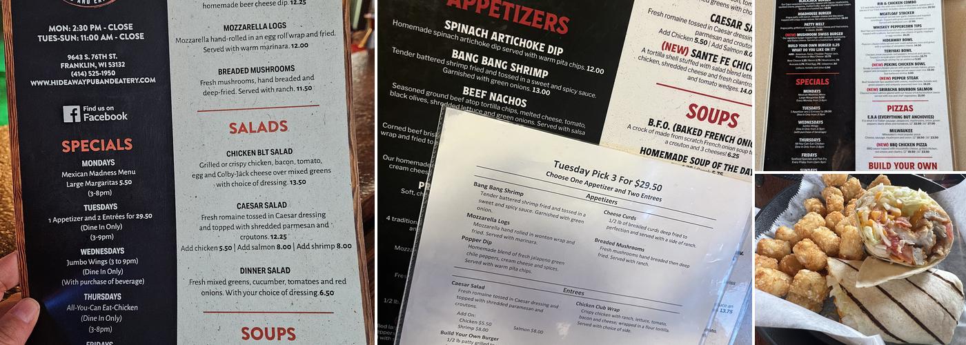 Hideaway Pub & Eatery Menu