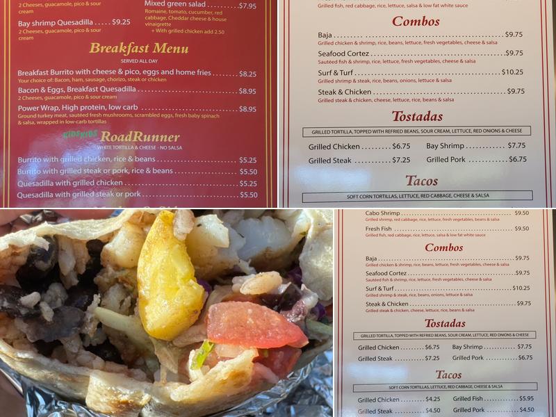 Road Runner Burrito Menu