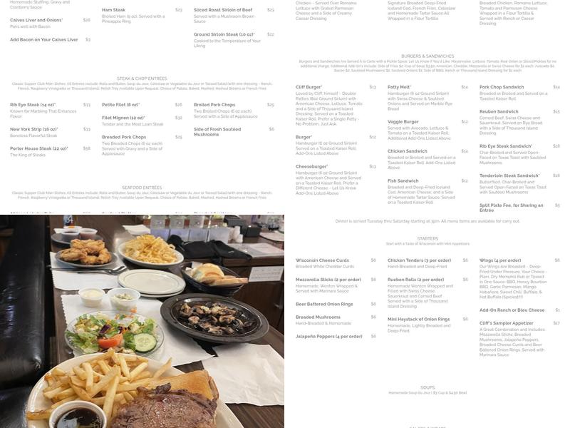 Clifford's Supper Club Menu