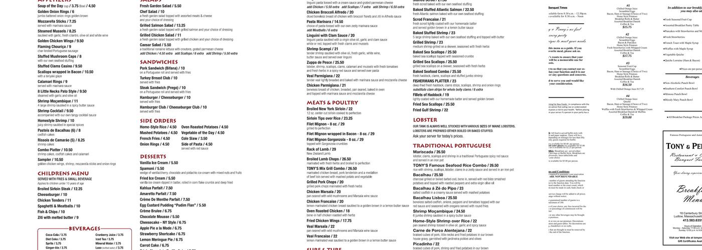 Tony & Penny's Restaurant Menu