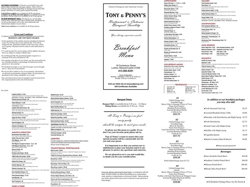 Tony & Penny's Restaurant Menu