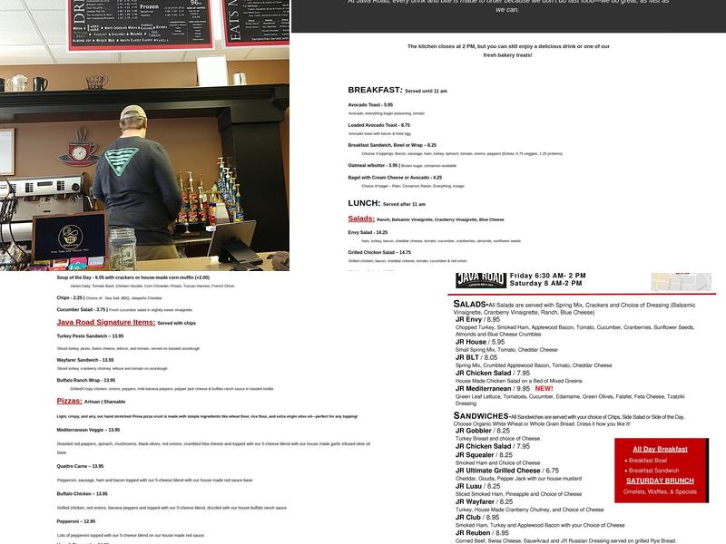 Java Road Espresso Bar and Cafe Menu