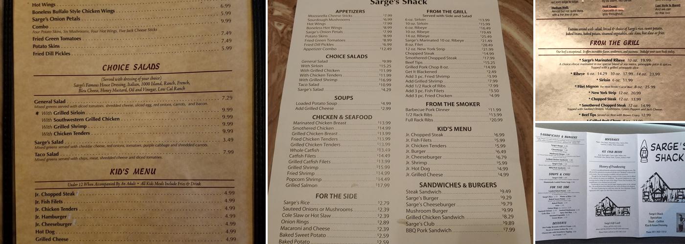 Sarge's Shack Menu