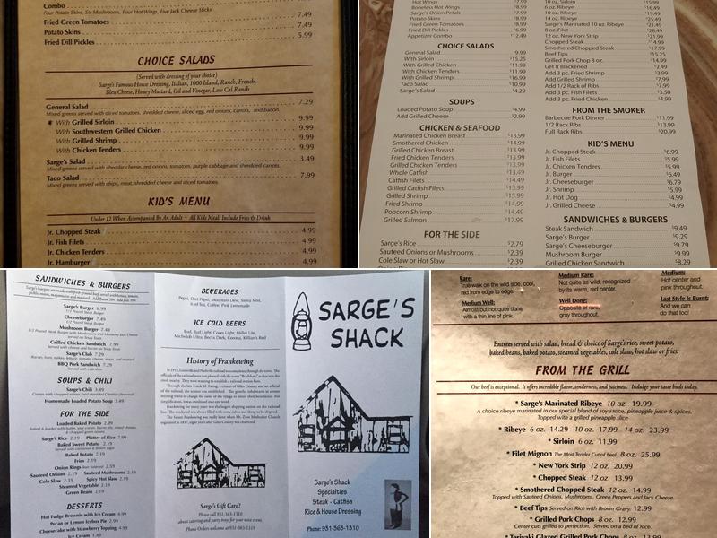 Sarge's Shack Menu