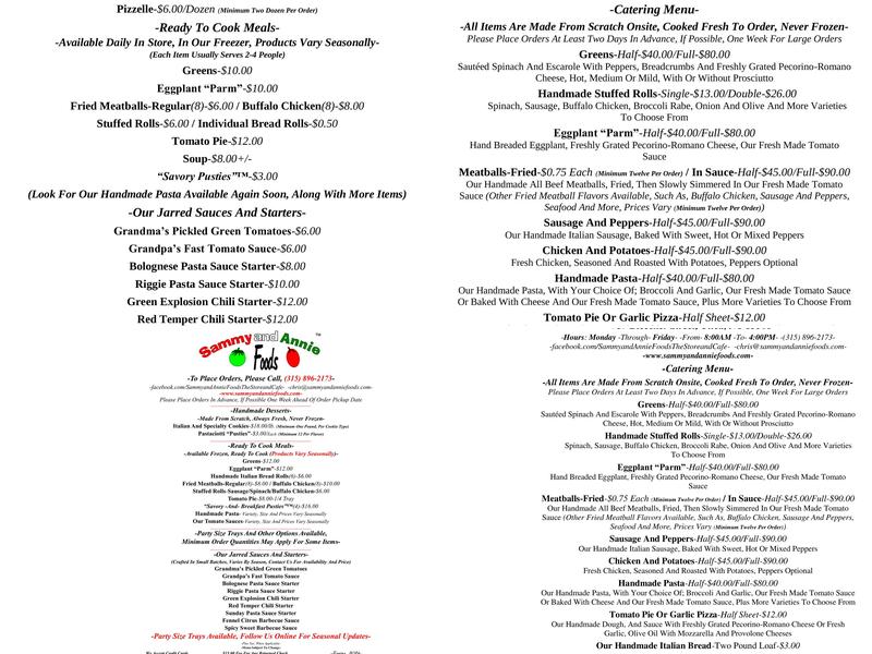 Sammy and Annie Foods Menu