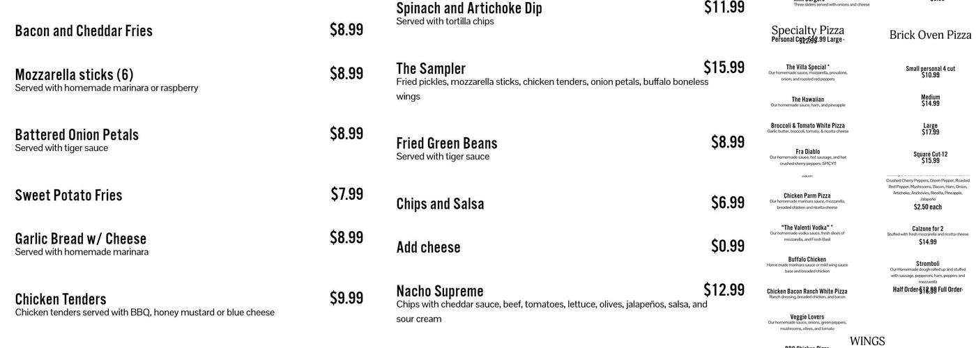 Villa Valenti Menu