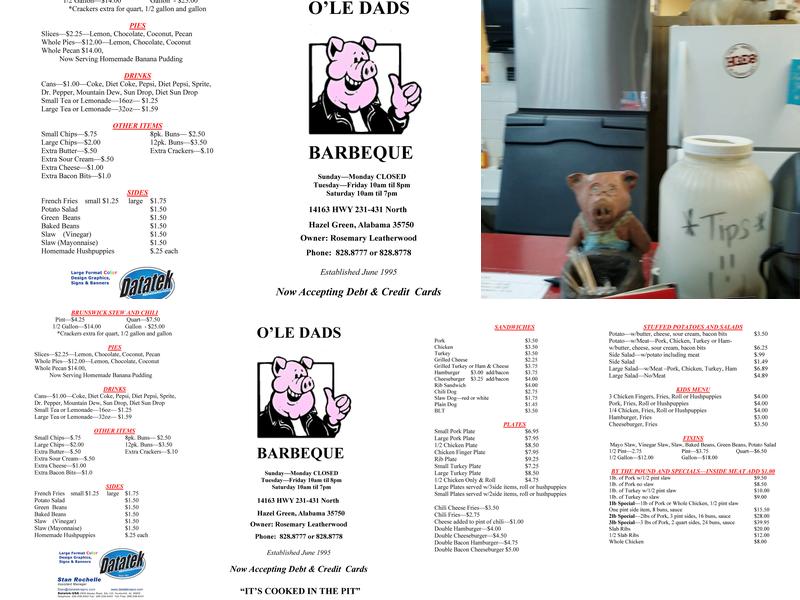 Ole Dad's BBQ Menu