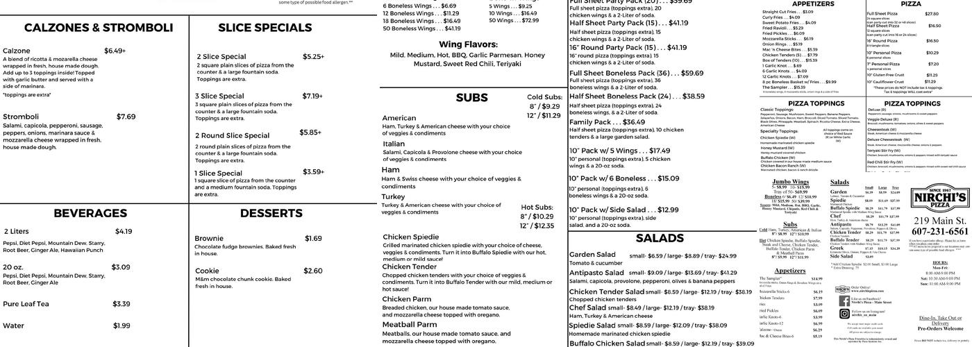Nirchi's Pizza Menu