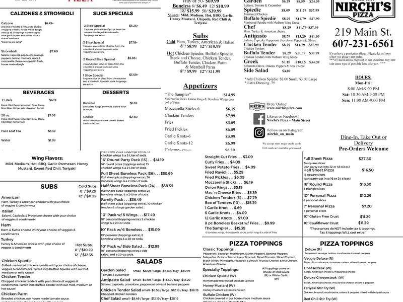 Nirchi's Pizza Menu