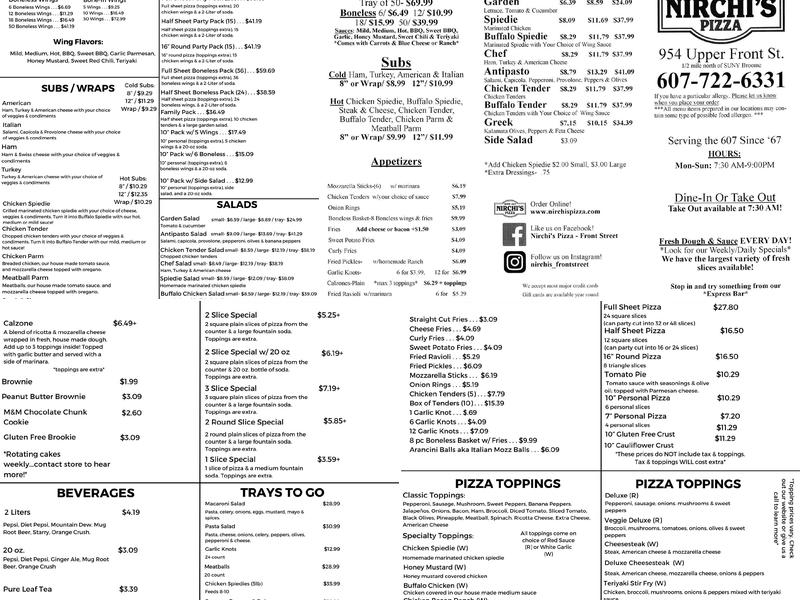 Nirchi's Pizza Menu