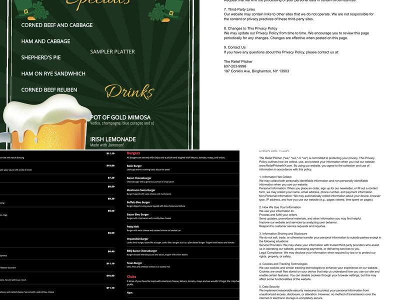 The Relief Pitcher Menu