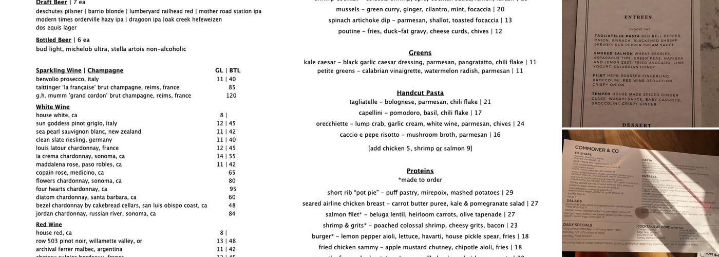 Commoner & Co Menu