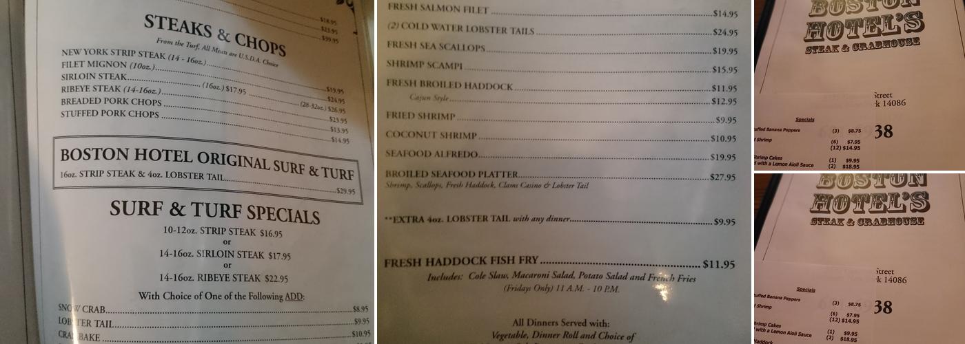 Boston Hotel's Steak & Crab Menu