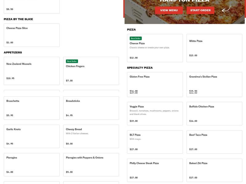 Hampton Pizza Menu
