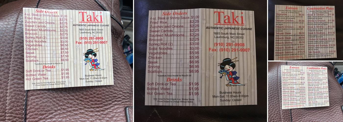 Taki Japanese Restaurant Menu