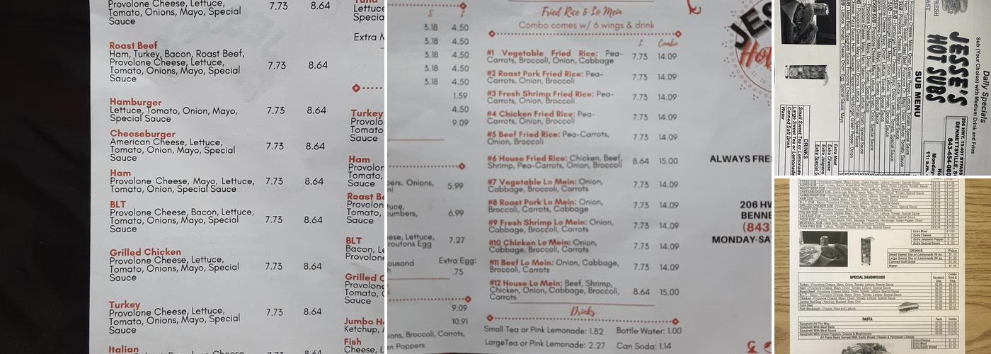 Jesse's Hot Subs Menu