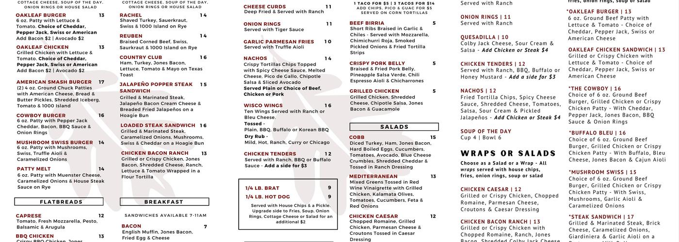 Oakleaf Restaurant Menu