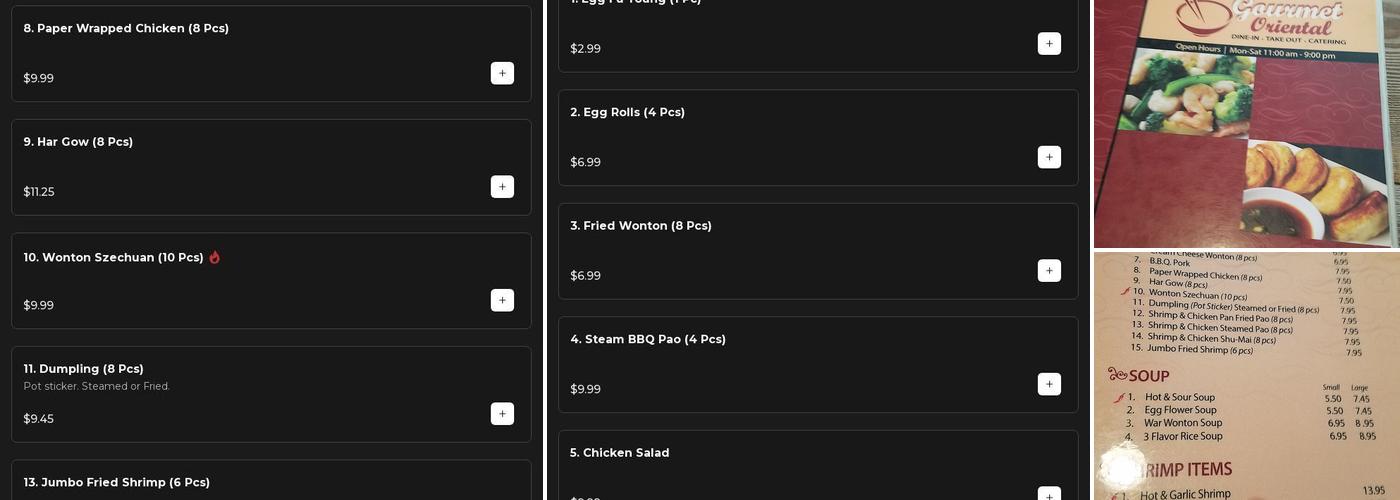 Gourmet Oriental Menu