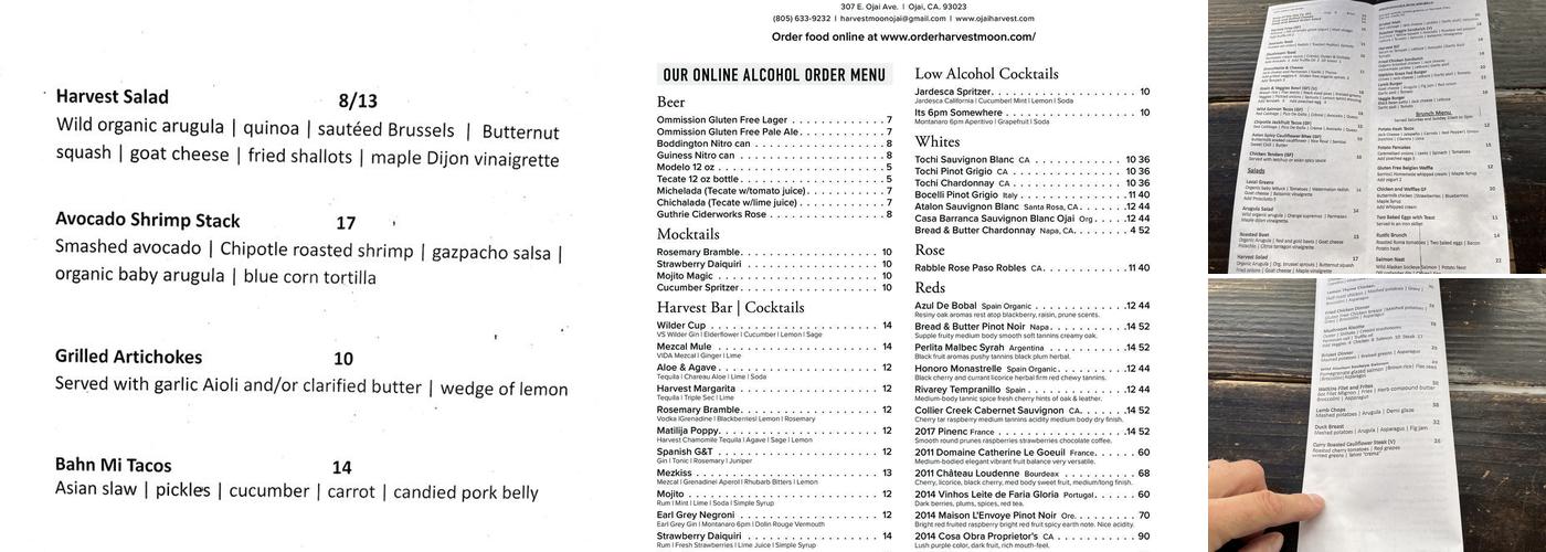 Harvest Moon Ojai Restaurant and Bar Menu