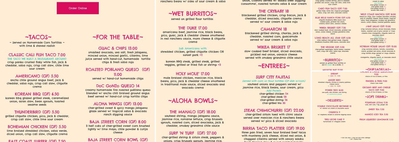 Ho'Brah Menu