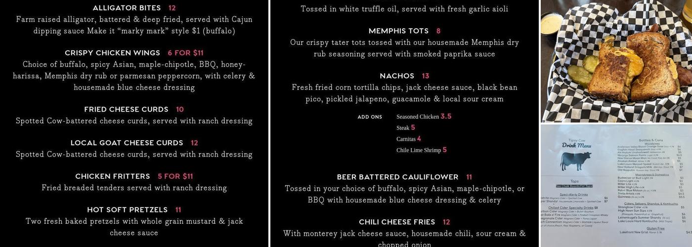 Tipsy Cow Menu